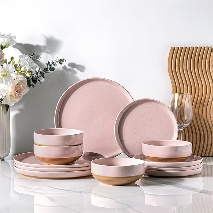 AmorArc Dinnerware Sets for 4, 12 Pieces Ceramic Plates and Bowls Set | Scratch Resistant Stoneware Dishes Set, Dishwasher & Microwave Safe, Cloud Pink