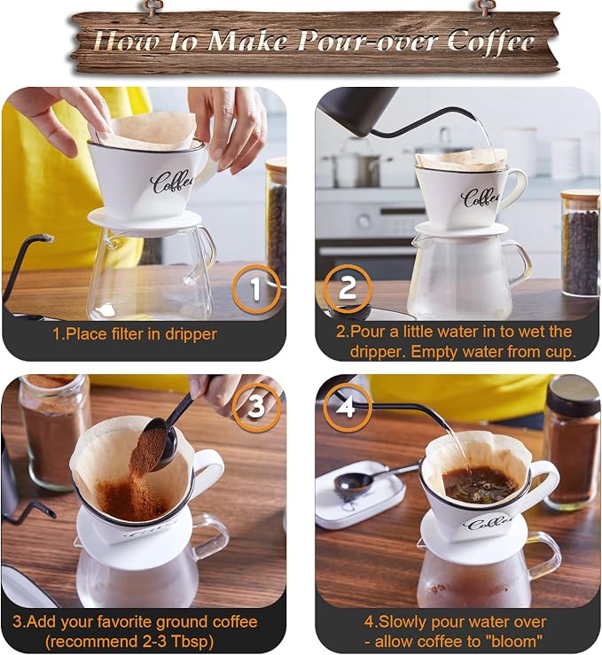DAYYET Pour Over Coffee Maker, Ceramic Coffee Dripper, Easy Manual Slow Brewing Accessories for Home, Cafe, Coffee Bar Accessories and Kitchen Decor, Filter Size 2, White
