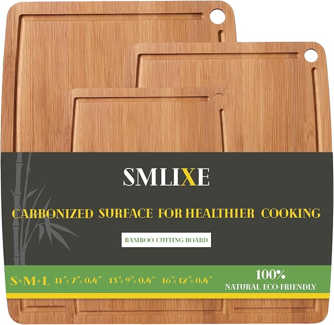 Bamboo Cutting Boards for Kitchen [Set of 3],Carbonized Wood Cutting Board Set with Deep Juice Groove for Chopping Meat, Vegetables, Fruits, Nuts,Lightweight & Durable,Ideal Kitchen Gift