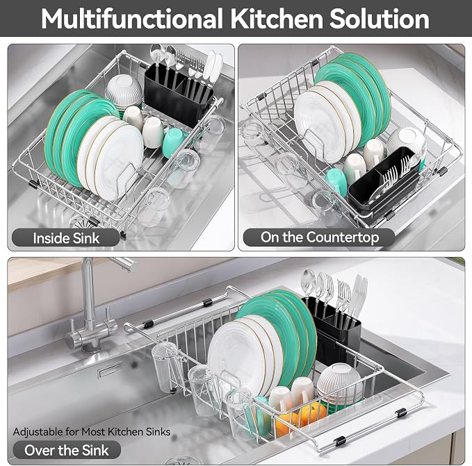 Urackify 304Stainless Steel Expandable Over Sink & in Sink Dish Rack,Silver | Fits over sink for direct drainage, expandable 15-23 inches saves counter space, includes utensil and cup holder