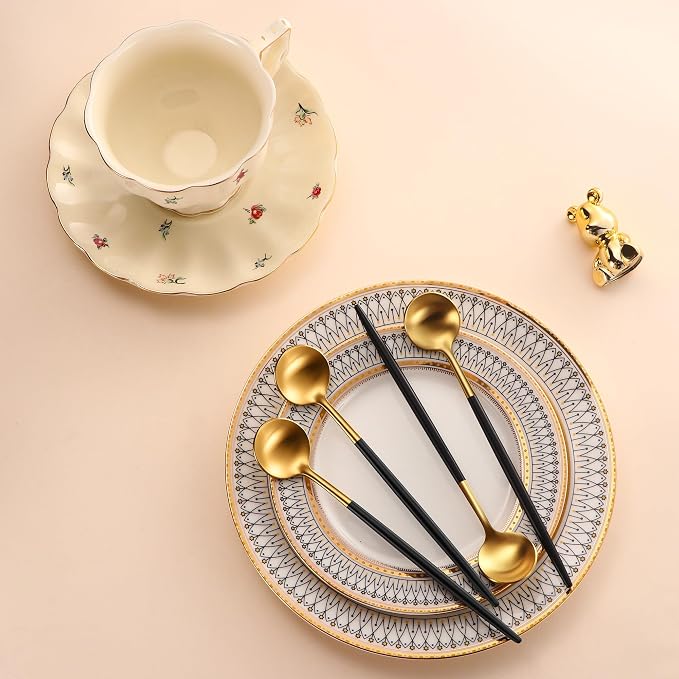 DEHOV 4 PCs 6.7 Inches Brush Gold Stainless Steel 304 Iced Tea Spoons With Black Handle,Long Handle Coffee Stirring Spoon,SS18/10 Matte Gold Black Handle Teaspoons
