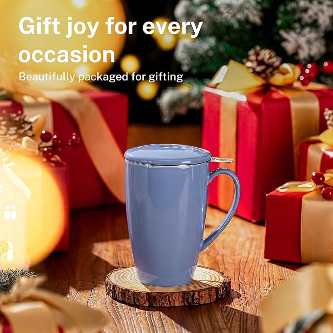 Sweese 15 OZ Porcelain Tea Mug with Infuser and Lid, Loose Leaf Tea Cup, Gifts for Tea Lover, Dusty Blue