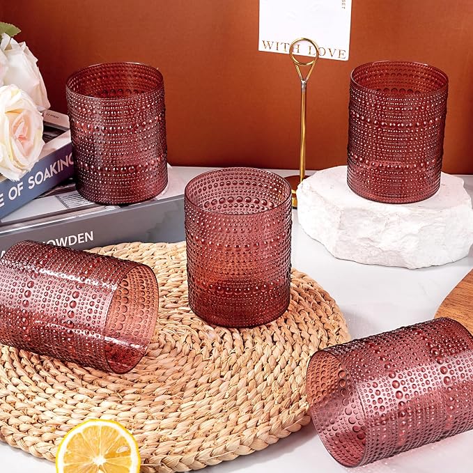 18PCS Hobnail Plastic Drinking Glasses 14 oz Burgundy Cups for Party | Vintage Glasses Mixed Drinkware Sets, Clear and Sturdy, Disposable yet Stylish, Perfect for Beer, Whiskey, Juice, Cocktails