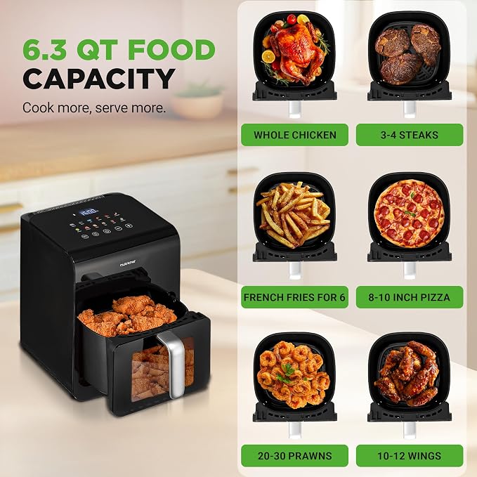 Nutrichef Electric Air Fryer Large 6.3 Quart Capacity | 12-1 Preset Cooking Functions | Includes Tenderizing Function | Digital Display | Transparent Window For Best Cooking Results | Black