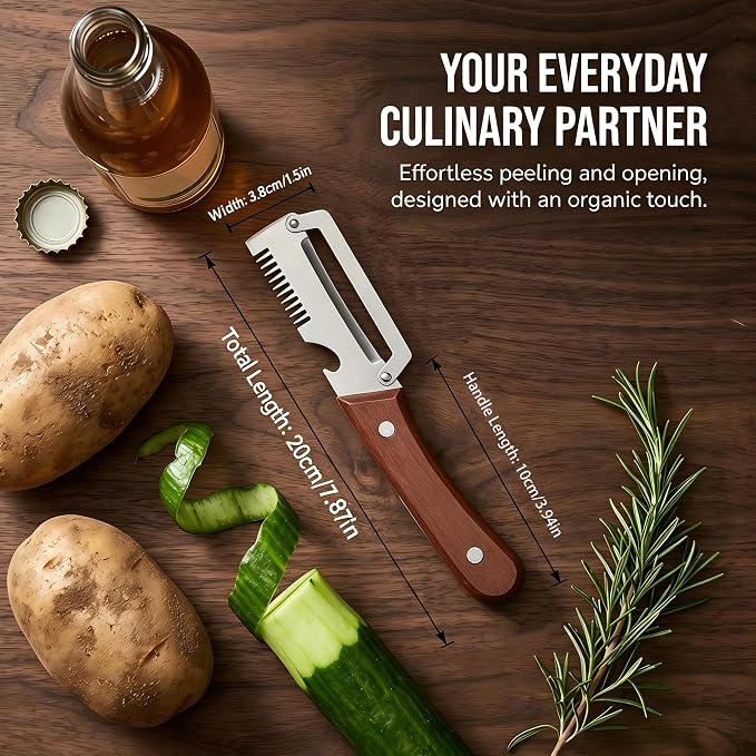 Multifunctional Vegetable Peeler - Vegetable Peeler with Bottle Opener, Stainless Steel Peeler with Wooden Handle, Fruit Peeler for Kitchen, Camping, Travel