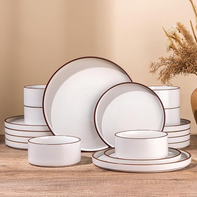 LERATIO Stoneware Dinnerware Sets for 8,24-Piece Matte Plates and Bowls Set | Handmade High Edge Rim Dish Set,Oven & Microwave,Dishwasher Safe,Scratch Resistant-Vanilla White