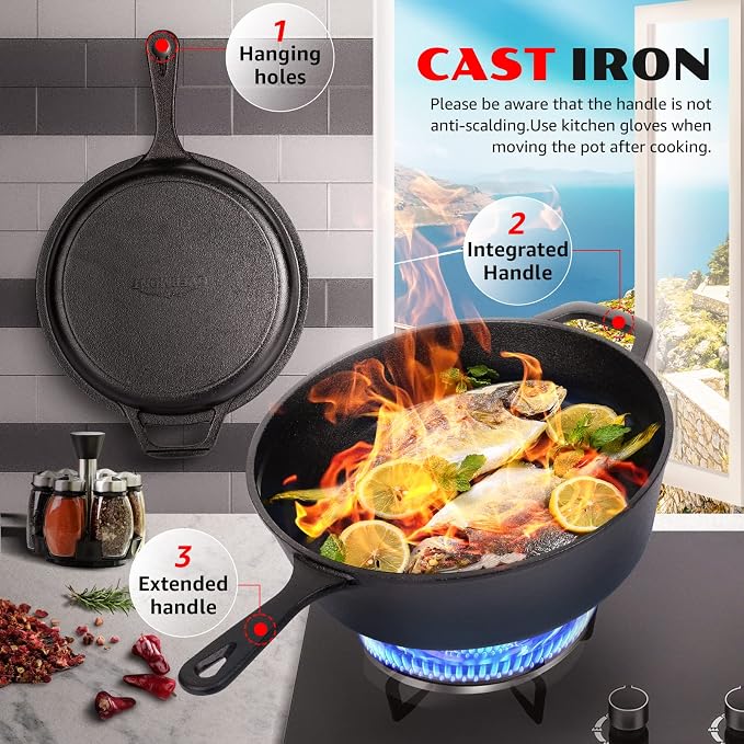 Overmont 2-in-1 Cast Iron Dutch Oven - 3.2QT Deep Pot with Lid Recipe | 10.5" Cast Iron Skillet with Frying Pan, Pre-seasoned Dutch Oven Multi Cooker, Oven Safe Cookware for Grill Camping Stewing