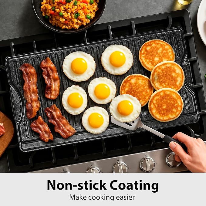 Utheer 19.5x10.5 Reversible Cast Iron Griddle for Stovetop Gas Grill | Flat & Ribbed Ceramic Nonstick Griddle Fits Indoor Stovetop, Gas Grill and Outdoor BBQ; Reversible Cast Iron for Even Heat