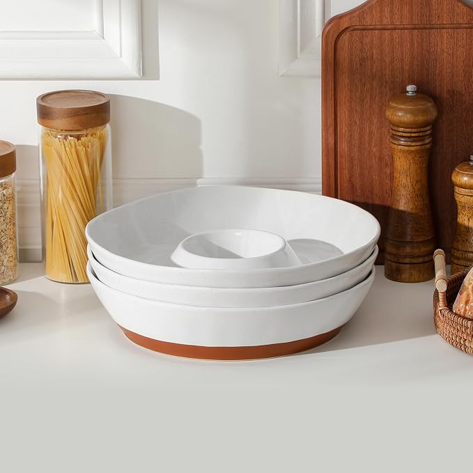 MALACASA Ceramic Chips and Dip Serving Tray, 12 Inch Dip Serving Tray | Free-Form Divided Ceramic Chips and Dip Bowls for Parties, Hosting and Entertaining, White