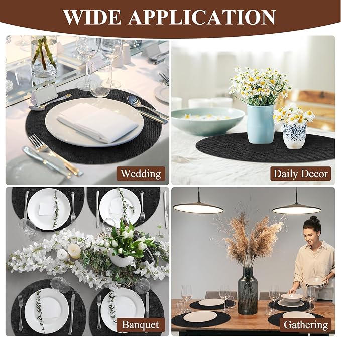 Aneco 50 Pieces Round Burlap Placemats 13.78 Inch Reusable Black Table Mats Heat Resistant Natural Jute Fibers Placemats Burlap Circle Rustic Table Decorations for Dinner Holiday Farmhouse Decor