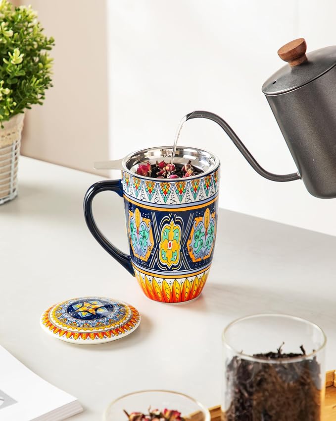 vancasso 18 Oz Tea Infuser Mug with Lid, Forest Daisy Drift | Eye-Catching Bohemian Pattern, Adds Charm to Any Tea Corner, Ceramic Mug with Infuser, Microwave and Dishwasher Safe