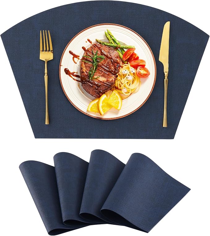 Homaxy Wedge Faux Leather Placemats for Round Table, Set of 4, Navy Blue | Waterproof Wipeable Washable Table Mats, Easy to Clean Anti-Slip Place Mats, 11.8" x 17"