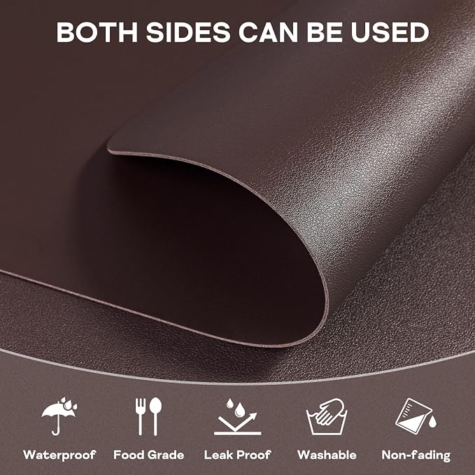 Faux Leather Placemats Set of 6 Waterproof Table Mats with Coaster | 17×12 In Heat Resistant Place Mats Set of 6 Wipebale & Washable Table Placemats for Kitchen Dining Indoor & Outdoor Brown