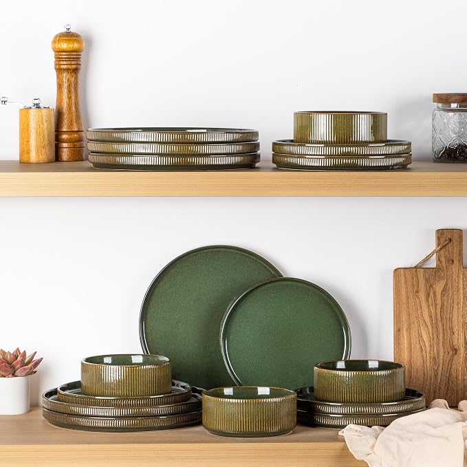 GBHOME Stoneware Dinnerware Sets for 4, 12 Pieces Plates and Bowls Set | Lightweight Ceramic Ribbed Dishes,Reactive Glaze Stackable Plate Set,Scratch Resistant,Microwave&Dishwasher Safe,Sage Green