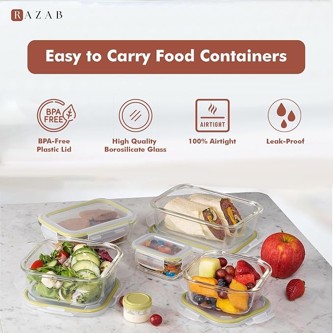 Razab 35 Pc Set Glass Food Storage Containers with Lids - Meal Prep Airtight Bento Boxes BPA-Free 100% Leak Proof (15 lids,15 glass & 5 Plastic Sauce/Dip Containers)
