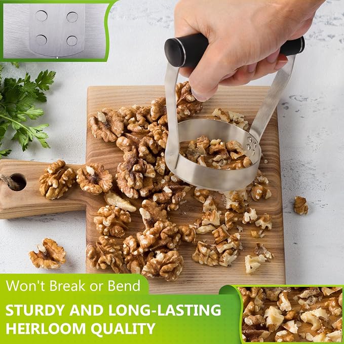 HULISEN Food Chopper Manual Hand, Stainless Steel Hand Chopper, Plain Edge | 3 inch Round, Ergonomic Rubber Handle, Chops Egg Nut Collard Tuna Salad & Ground Beef, Dishwasher Safe