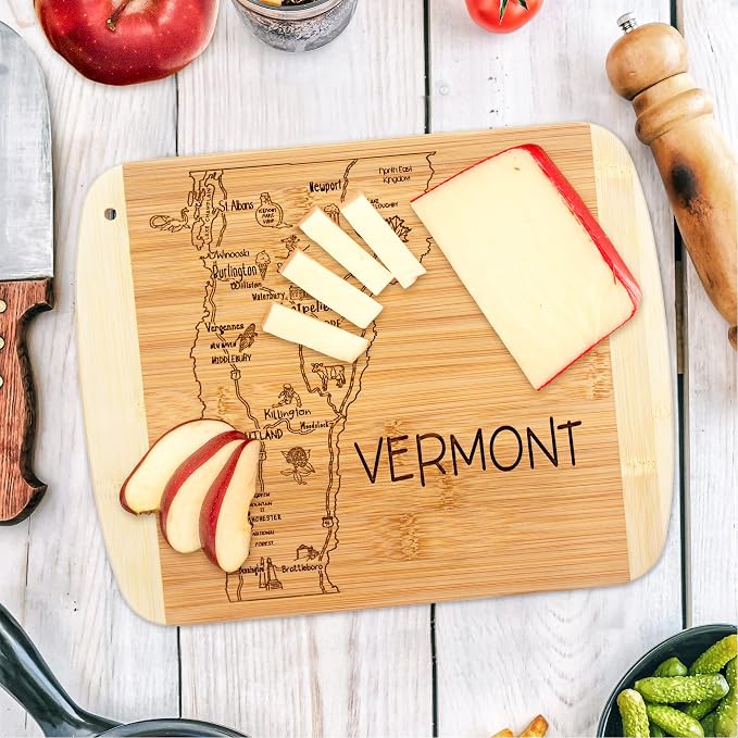 Totally Bamboo A Slice of Life Vermont Engraved Map Cutting Board | 11” x 8.75” charcuterie board with engraved state map artwork. Smooth reverse side for food prep. Hang tie for wall display.