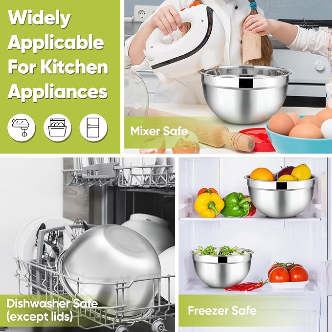 TeamFar Mixing Bowls Set of 5, Stainless Steel Metal Salad Bowls with Lids | 4.5/3/1.5/1/0.7 QT, Nesting Bowls for Mixing Prepping Serving, Non-Toxic & Sturdy, Airtight Lid & Easy Clean, Multi-Color