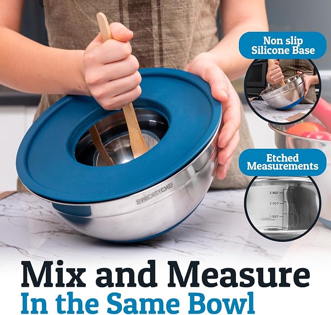6Pc Stainless Steel Mixing Bowls with Lids Set, Huge 7 Qrt Size Metal Bowl Set for Kitchen, 3 Graters, Non-Slip Bases & Silicone Utensils Set, Blue