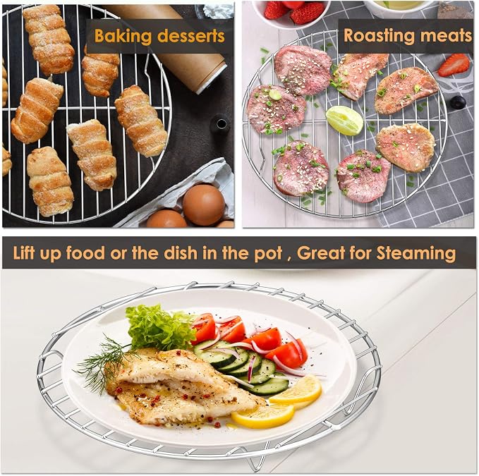 P&P CHEF Round Cooking Rack, Cooling Rack for Steamer, 9”, Silver | 3 Pack Stainless Steel Baking Rack for Grilling Roasting, Fits Air Fryer, Canning Pot, Oven & Dishwasher Safe, Non-toxic