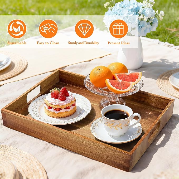 Serving Trays - 2 Pack, Large | Acacia Wood Serving Platters with Ergonomic Handles, Versatile Rustic Decorative Trays for Breakfast, Brunch, Dinner