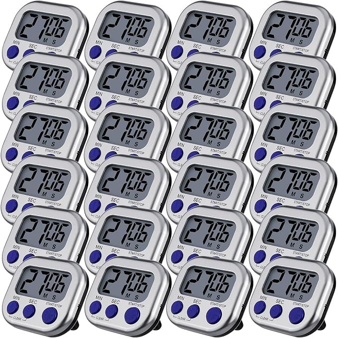 Leumoi 24 Pack Multi-Function Digital Timers with Magnetic Back, Large LCD Display, Loud Alarm, Count up & Countdown, Memory Function for Cooking, Classroom, Study, Exercise & Work(Sliver and Blue)