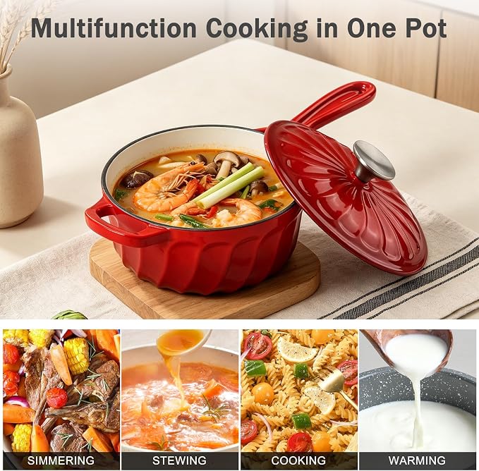 Enameled Cast Iron Sauce Pan with Lid, 2 Quart Saucepan with Lid | Dutch Oven with Lid, Small Cast Iron Pot for Cooking Pasta, Soup, Milk, Induction & Oven Safe Up to 500°F, Red