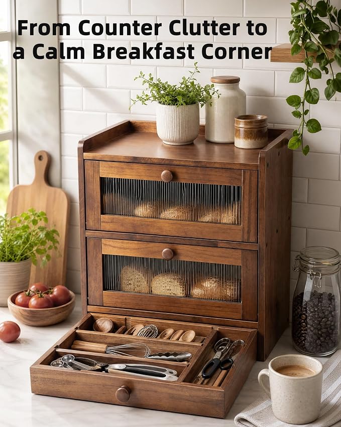 Wooden Bread Storage Box with Acrylic Viewing Window, Double-Layered Large-Capacity for Kitchen Countertops, Cutlery Storage Box, Light Natual wood color