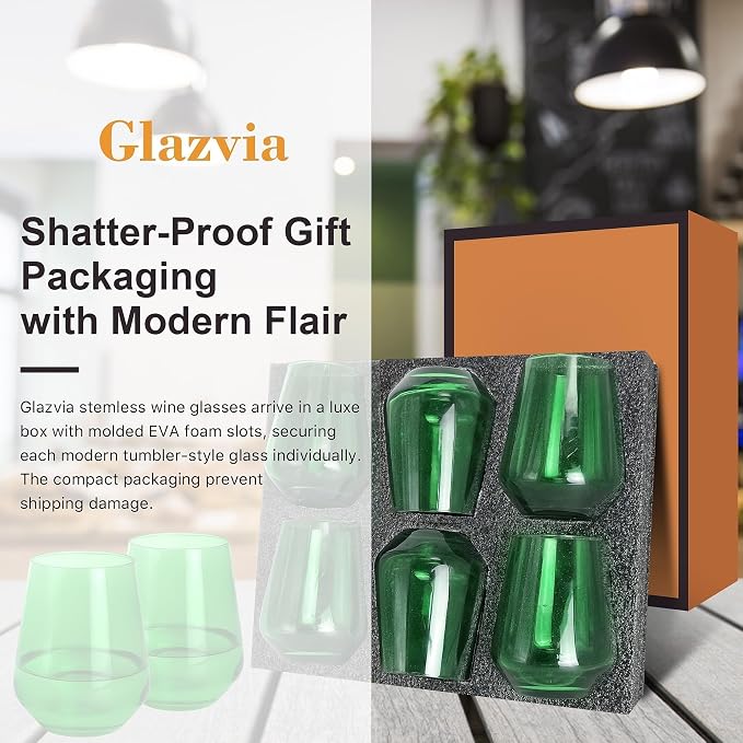 Green Stemless Wine Glasses Set of 6, 15oz Drinking Glassware Dishwasher Safe, Wine Glass Tumblers for Red or White, Gift for Party, Holiday, Anniversary, Restaurant, Home Bar, Daily Use