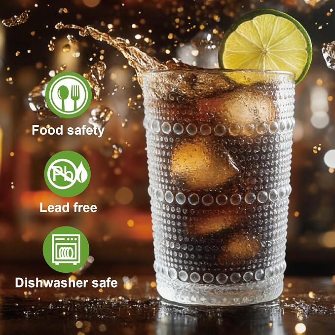 Hobnail Drinking Glasses Set of 8，Includes 12 oz beer glasses and 10 oz cocktail glasses.Kitchen Water Glass Cup,Bar Tumbler Glassware Set for Whiskey, Beer, Cocktail, Juice, Milk