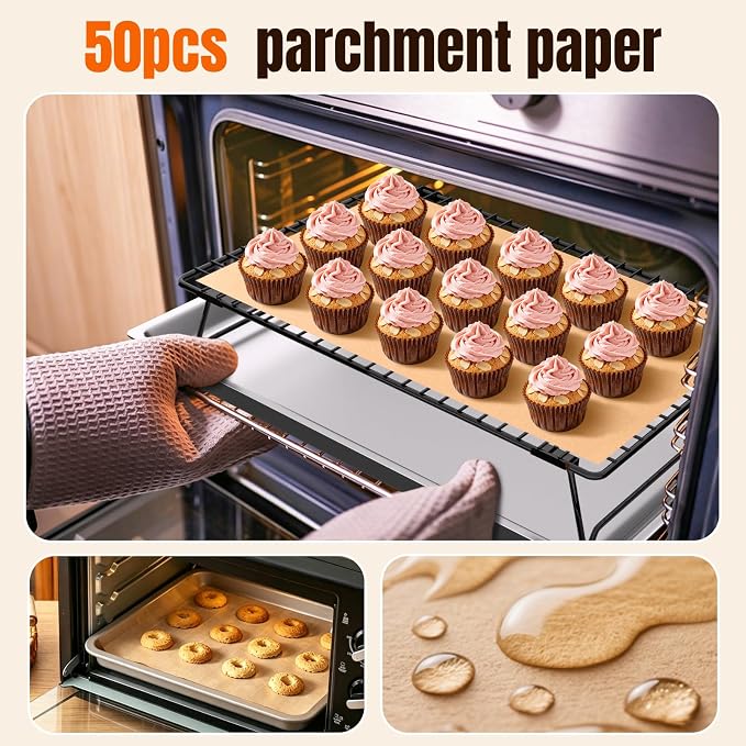 13.4 * 9.4 IN 3-Tier Collapsible Cooling Rack with 50 Pcs Baking Papers | Cookie Cooling Racks, Wire Rack For Cooking & Baking, Dessert Display, Drying, Dishwasher Safe, Black