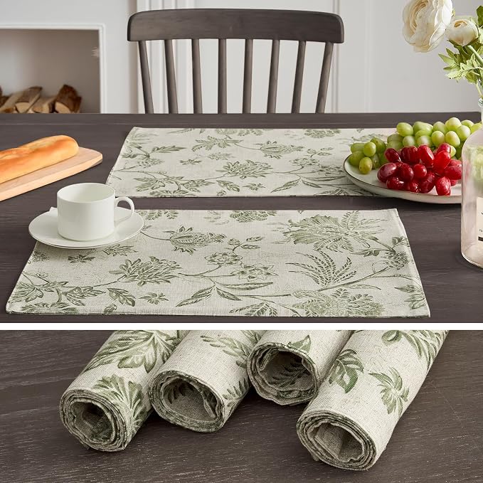 JINCHAN Sliva Linen Floral Placemats Set of 4 Farmhouse 13x19 Sage Green | Fabric Placemats, Cottage Style, Painterly Floral Pattern, Machine Washable, Easy to Store, Reusable