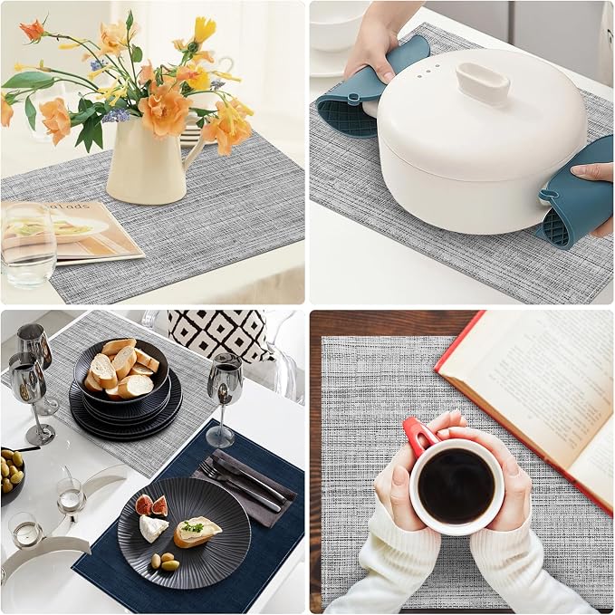 Grey Placemats Set of 4, 12x18 Inch Washable Easy to Clean Heat-Resistant Anti-Skid Grey Placemats for Holiday Party Kitchen Dining Room Decoration