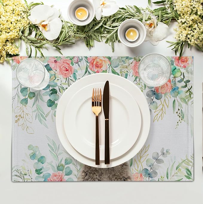 Easter Bunny Placemats Set of 4 Eucalyptus Leaves Rabbit Rose Place Mats 12x18 Inch Spring Seasonal Vintage Farmhouse Heat Resistant Washable Table Mats for Party Kitchen Dining
