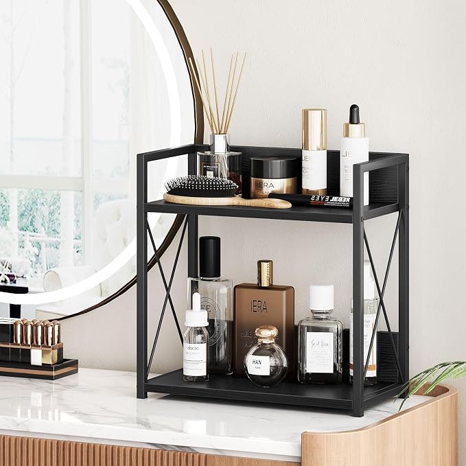 Giikin Kitchen Countertop Organizer, 2 Tier Coffee Bar Organizer, Black Spice Rack for Counter, Kitchen Counter Shelves, Particleboard,15.8" L x 7.9" W x 15.8" H (Black, L)