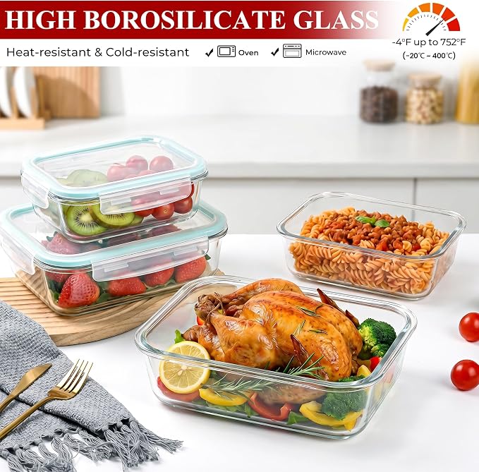 LOVYANXUE 78oz & 36oz 4 Pack Large Glass Food Storage Containers with Lids, Leakproof Glass Storage Containers for Food Serving/Baking/Storing, Meal Prep Container, BPA Free, Microwave/Oven Safe