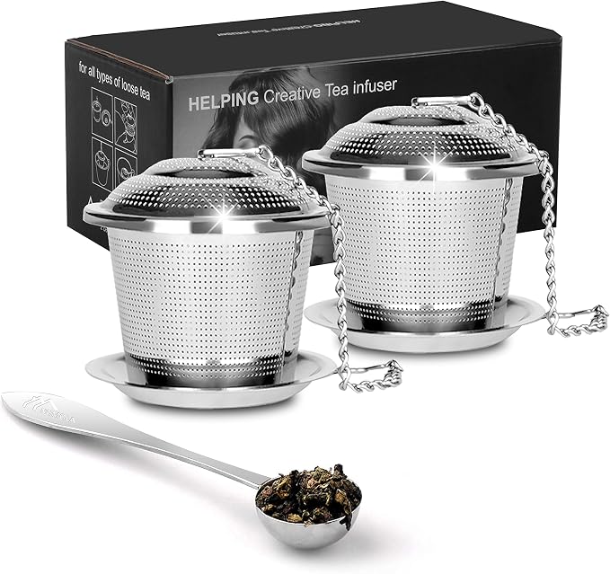 Numola Tea Ball Infuser for Loose Tea with Spoon and Drip Tray, 2Pcs | Loose Leaf Tea Infusers Set, Fine Mesh Tea Steeper, With Spoon and Drip Trays, Extended Chain Hook, Gifts for Men and Women