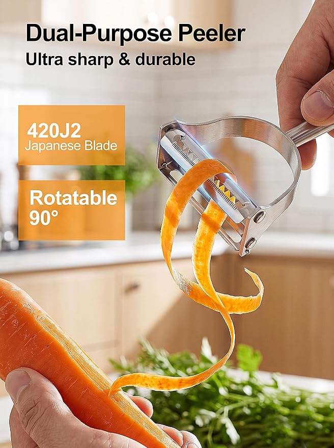 Stainless Steel Vegetable Peeler, 2-in-1 Multifunctional Vegetable Peeler & Julienne Peelers with Straight Edge and Serrated Blades, Fruit Carrot Potato Veggie Peelers Slicer Tool for Kitchen