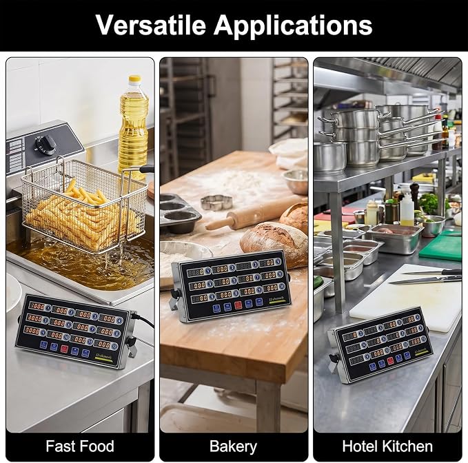 12 Channel Precision Kitchen Timers for Cooking, Commercial Kitchen Timer Restaurant Kitchen Supplies, Stainless Steel Digital LED Chef Cooking Timer, Reminder Function, Drillable wall mounting