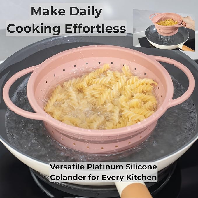 SelectShen™ Collapsible Silicone Colander Set, Stainless Steel Rim (3 Pk) | Heat-resistant, dishwasher-safe platinum silicone strainers. Sturdy stainless steel rim. BPA-free, space-saving, set of 3