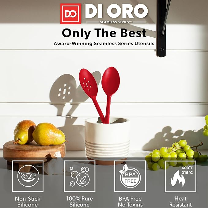 DI ORO Silicone Cooking Spoons - Solid & Slotted Set, 2-Pc Red | Large heads for mixing, serving, and stirring; Heat-resistant to 600F for nonstick cookware; BPA-free and dishwasher safe