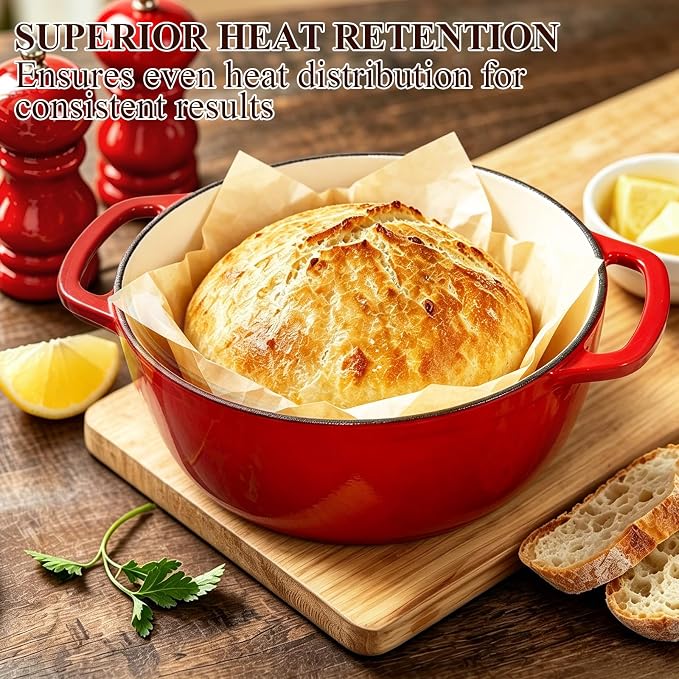 Enameled Cast Iron Dutch Oven - Wildone 6QT Pot with Lid & Cotton Potholders - Oven Safe Enamel Cookware for Bread Baking, Braising, Stews, Roasting, Red