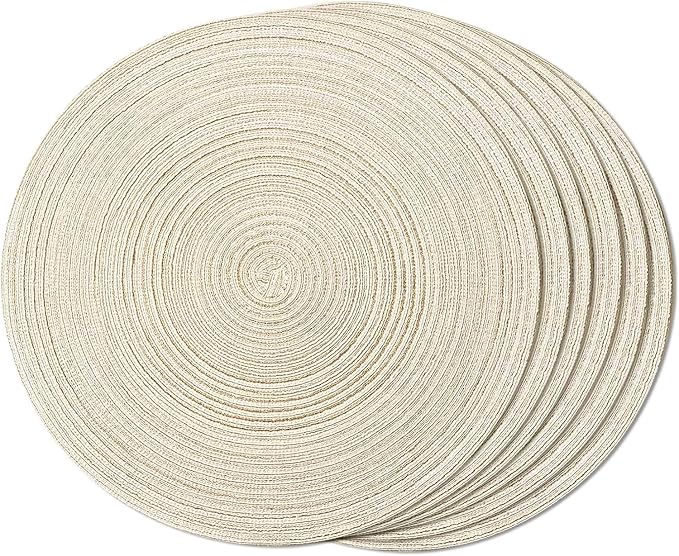 FunWheat Round Braided Placemats Set of 6 Easy Clean Place mats for Dining Tables Woven Heat Resistant Washable Table Mats 15 inches(Beige)