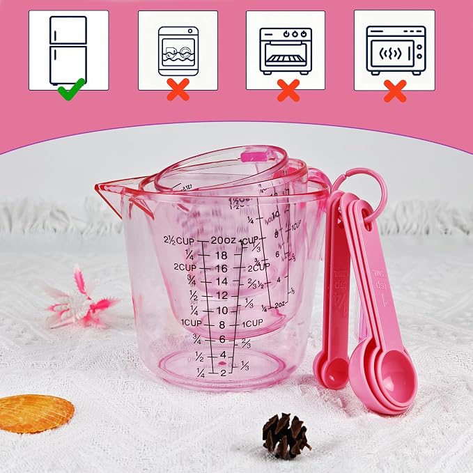 Pink Plastic Measuring cup Measuring spoon Set: 3 Stackable Liquid Measuring Cups 150/300/600ml and 5 Spoons 1.25-15ml, Used to Create Pink Kitchen Themes, Baking, Cooking