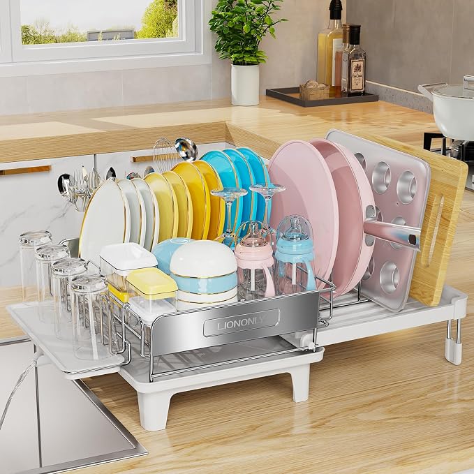 Expandable Dish Drying Rack, Dish Racks for Kitchen Counter, Stainless Steel 304, Flip-Top Retractable Plate, Multi-Directional Adjustable Dish Rack, Space Saving Large Drying Rack Kitchen, White