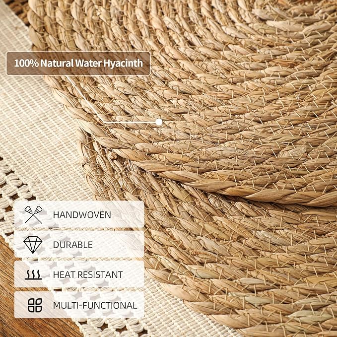 13.8'' Round Woven Placemats Set of 8, Boho Wicker Chargers, Terrekraft | Handmade from Natural Water Hyacinth, Heat-resistant & Non-slip Rattan Chargers, Rustic Farmhouse Decor, Party & Daily Dining