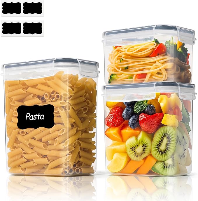 ComSaf Airtight Food Storage Containers with Lids 0.8/1.5/2.1Qt 3Pack | Plastic Canister, Flour Sugar Cereal Pasta Rice Oats Coffee Snacks, Pantry Kitchen, Label, Scoop, Stackable, BPA-free, Clear