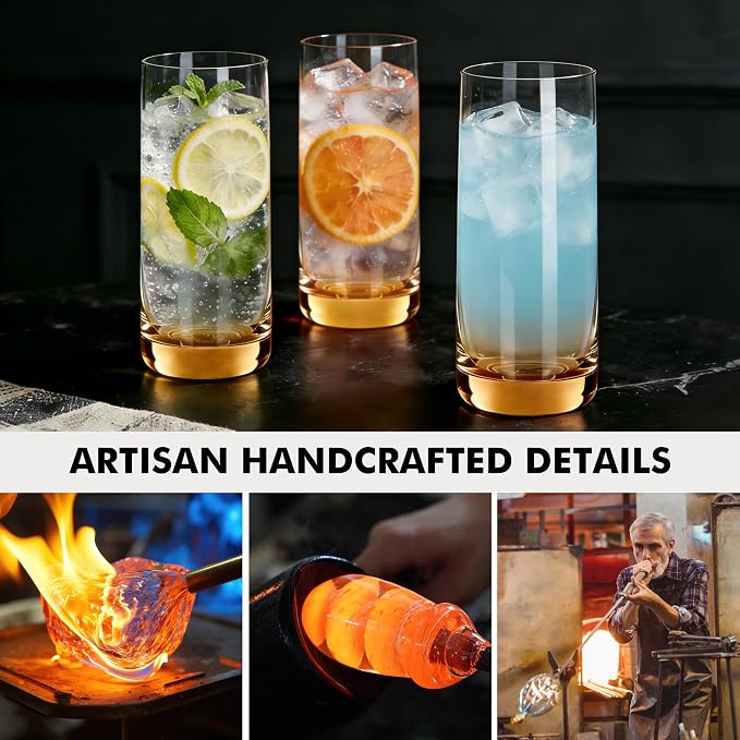 Amber Highball Glasses Set of 6, Drinking Glass for Mixed Drink | 13oz ,Cups for Cocktail, Beer, Mojito, Water and Juice,Thick Tall Glassware for Kitchen, Restaurant, Home Bar and Parties