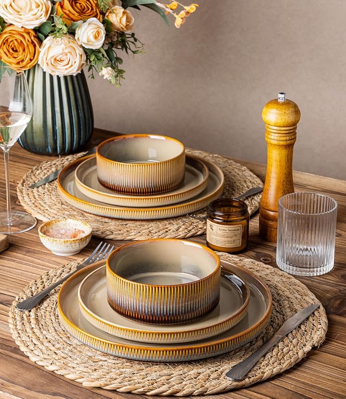 Ceramic Dinnerware Set for 6, 18-Piece Plates and Bowls Set | Lightweight Porcelain Dish Set, Scratch Resistant, Oven & Microwave & Dishwasher Safe, Creamy Amber