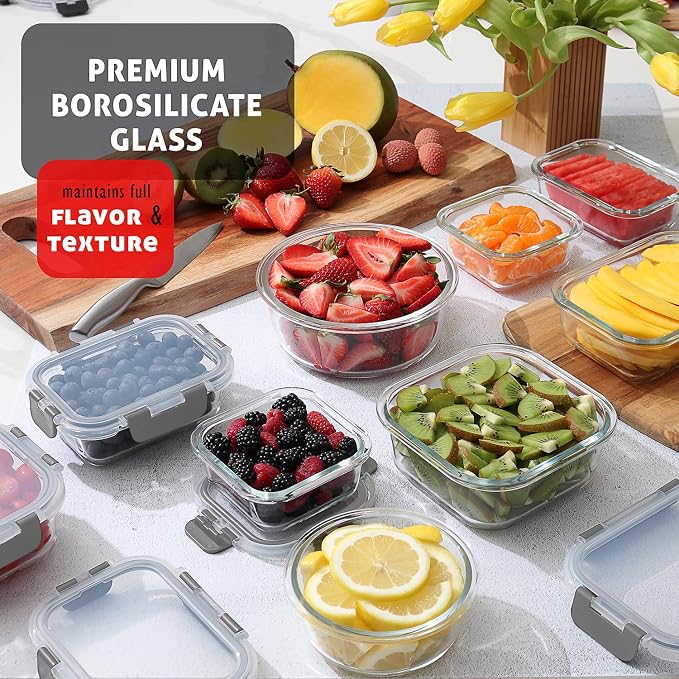 EATEX 16pc Glass Storage Containers with Lids, 8 Glass Food Storage Containers with 8 Airtight Lids for Pantry & Kitchen, Meal Prep Containers for Lunch, Oven Freezer Microwave & Dishwasher Safe